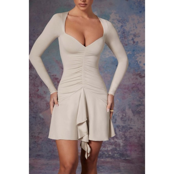 NWT! Oh Polly Long Sleeve Waterfall Skirt Mini Dress in Stone - Picture 3 of 5